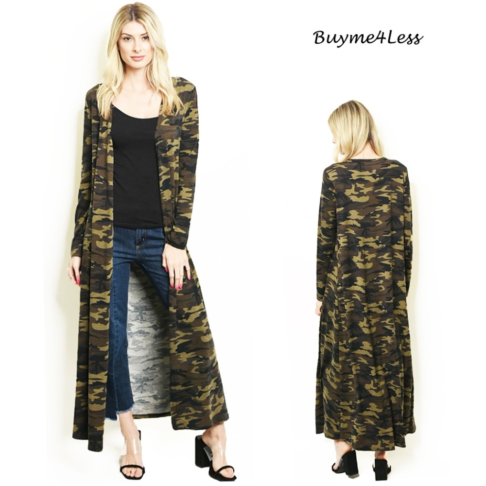 Camouflage Open Front Long Maxi Duster Cardigan